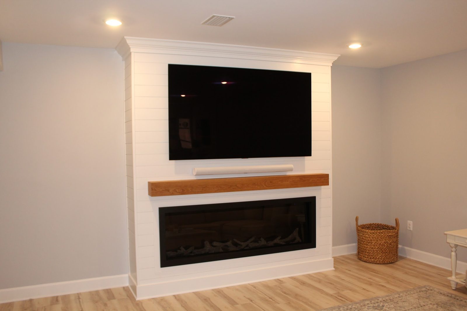 Finished shiplap built-in with flush-mounted TV