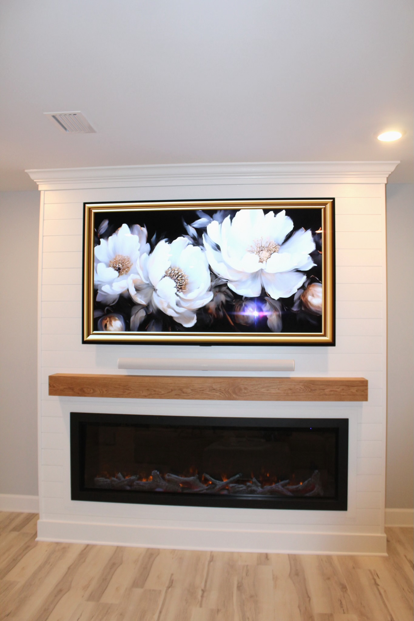 Full view of custom fireplace built-in