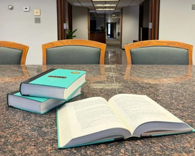 Three teal hardcover books on a granite conference table in an office setting, with one book open and two stacked.