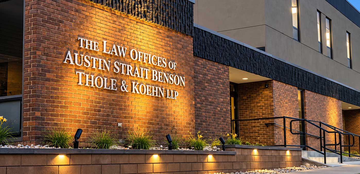 Exterior view of a brick office building with illuminated signage reading 'The Law Offices of Austin Strait Benson Thole & Koehn LLP' and a ramp with handrails leading to the entrance under warm lighting.