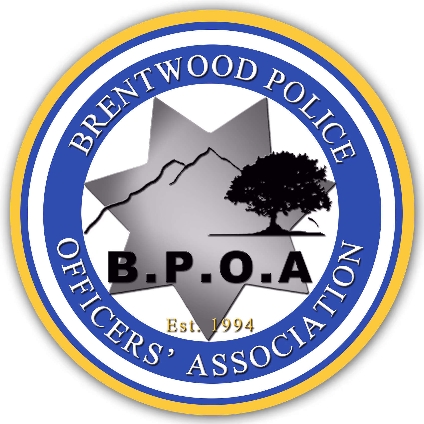 Round emblem of Brentwood Police Officers' Association featuring a seven-point silver star with a mountain outline and a tree silhouette in the center, the acronym B.P.O.A in bold black letters, and the text 'Brentwood Police Officers' Association' encircling it on a blue background with gold outer rings, with 'Est. 1994' in gold below the acronym.