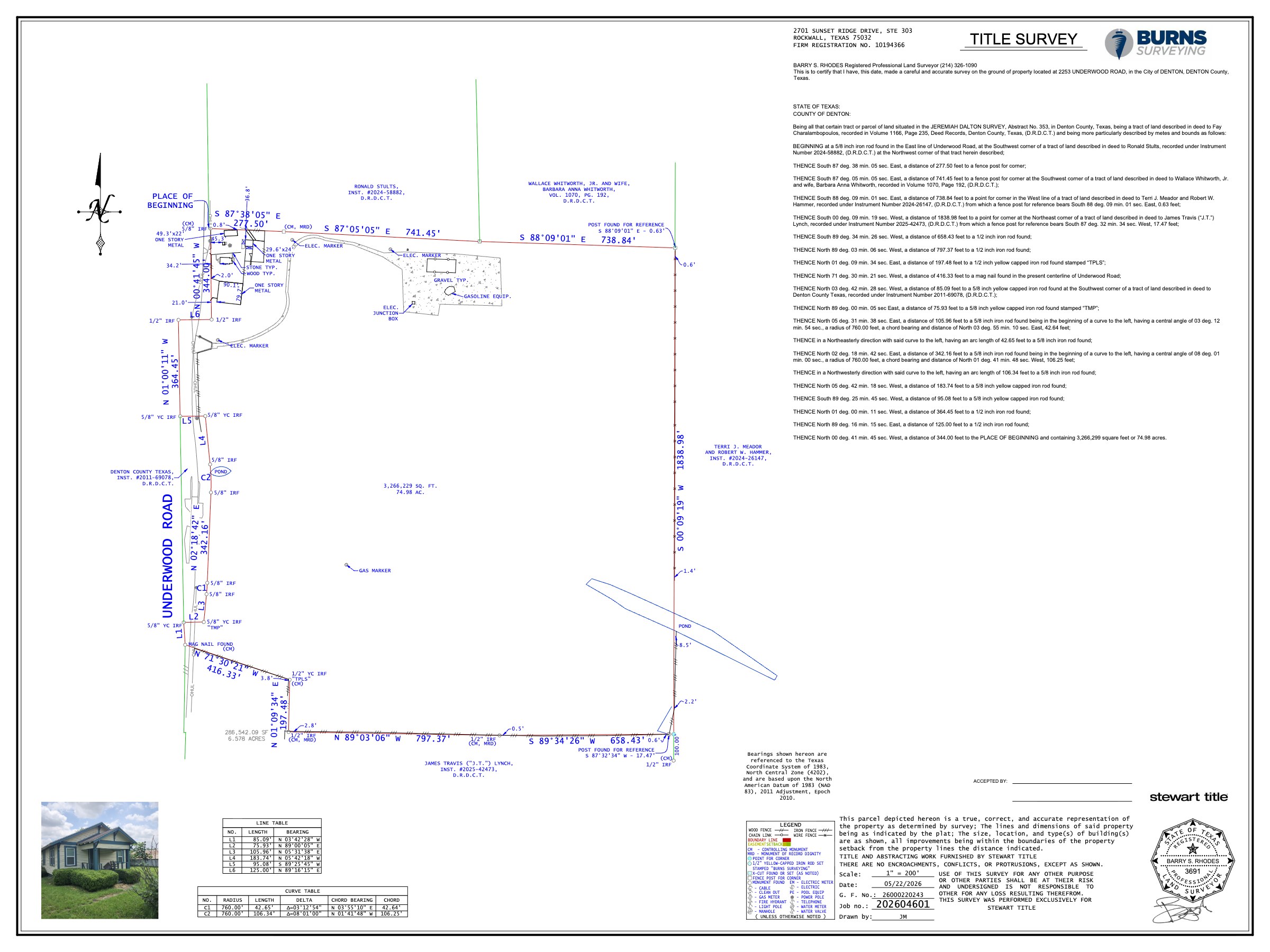 Land survey of the ±74.85-acre tract at 2253 Underwood Rd, Denton, TX
