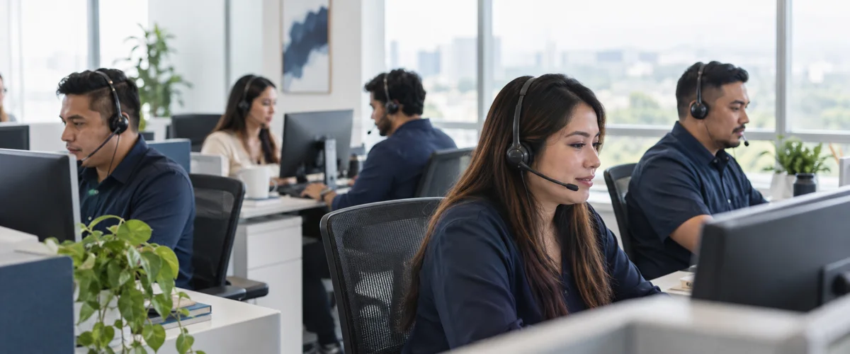 AI-generated illustrative scene of adult callers working together in a modern office