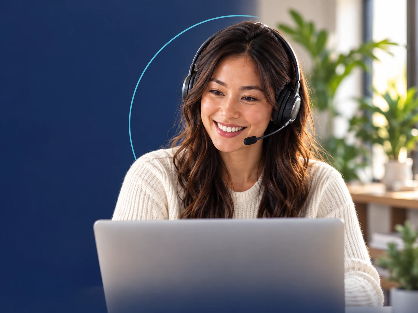 Illustrative appointment setter smiling during a call