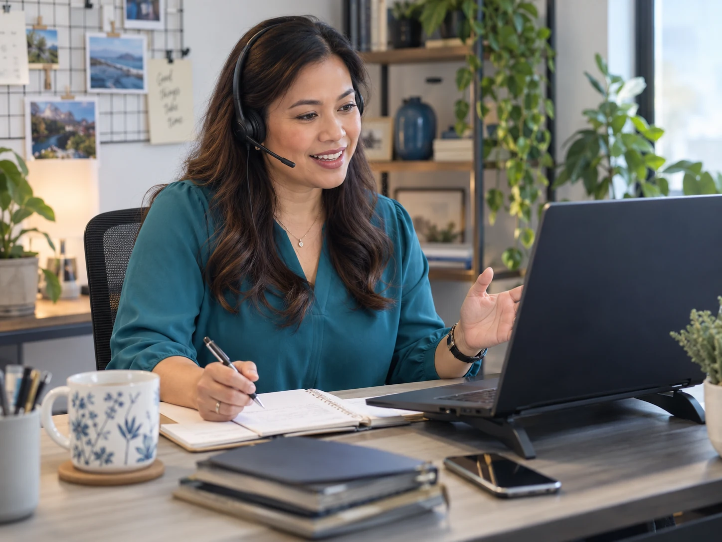 AI-generated illustrative appointment setter speaking warmly into a discreet boom-microphone headset