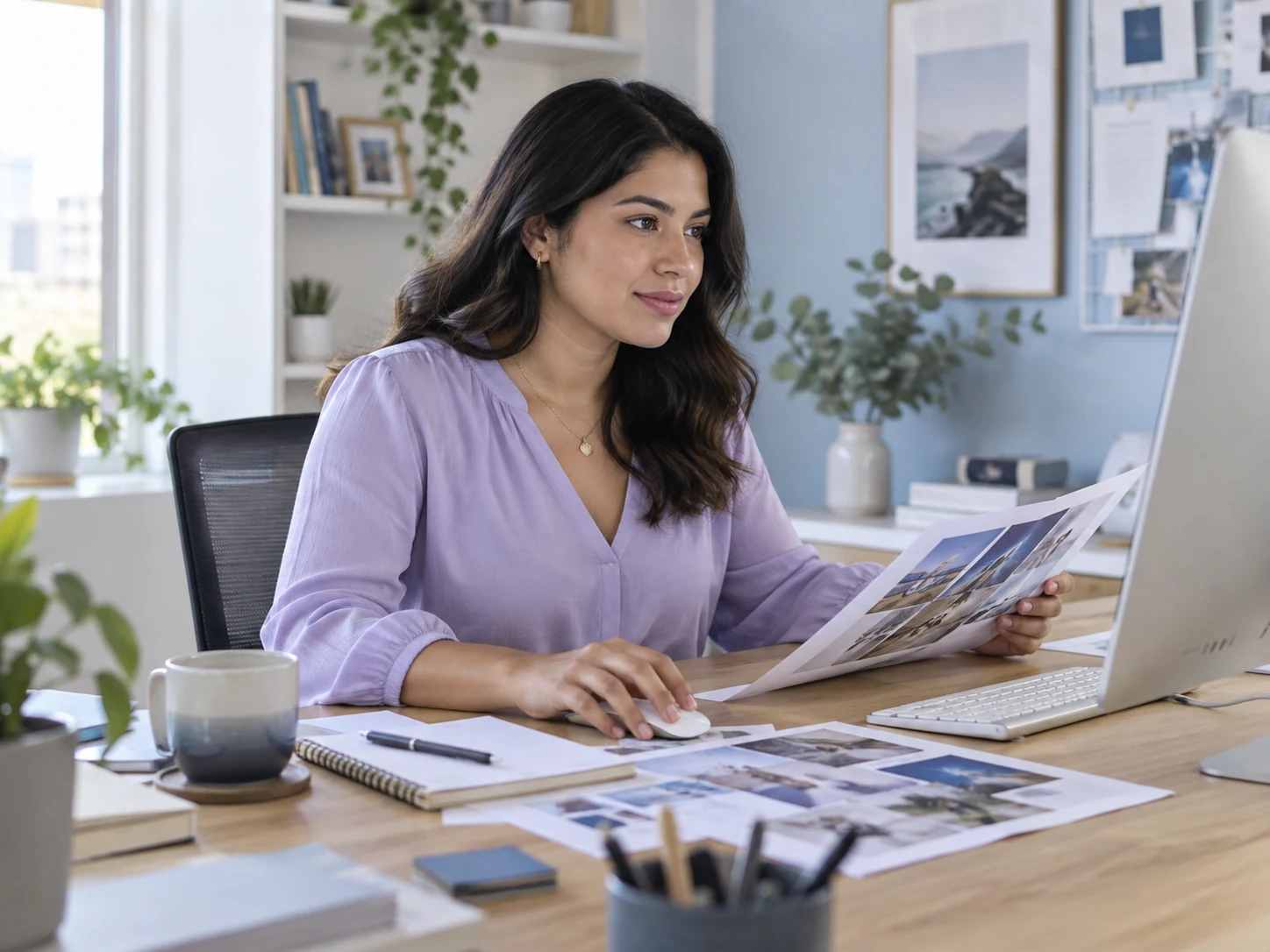 AI-generated illustrative marketing assistant planning campaign at computer with printed moodboards