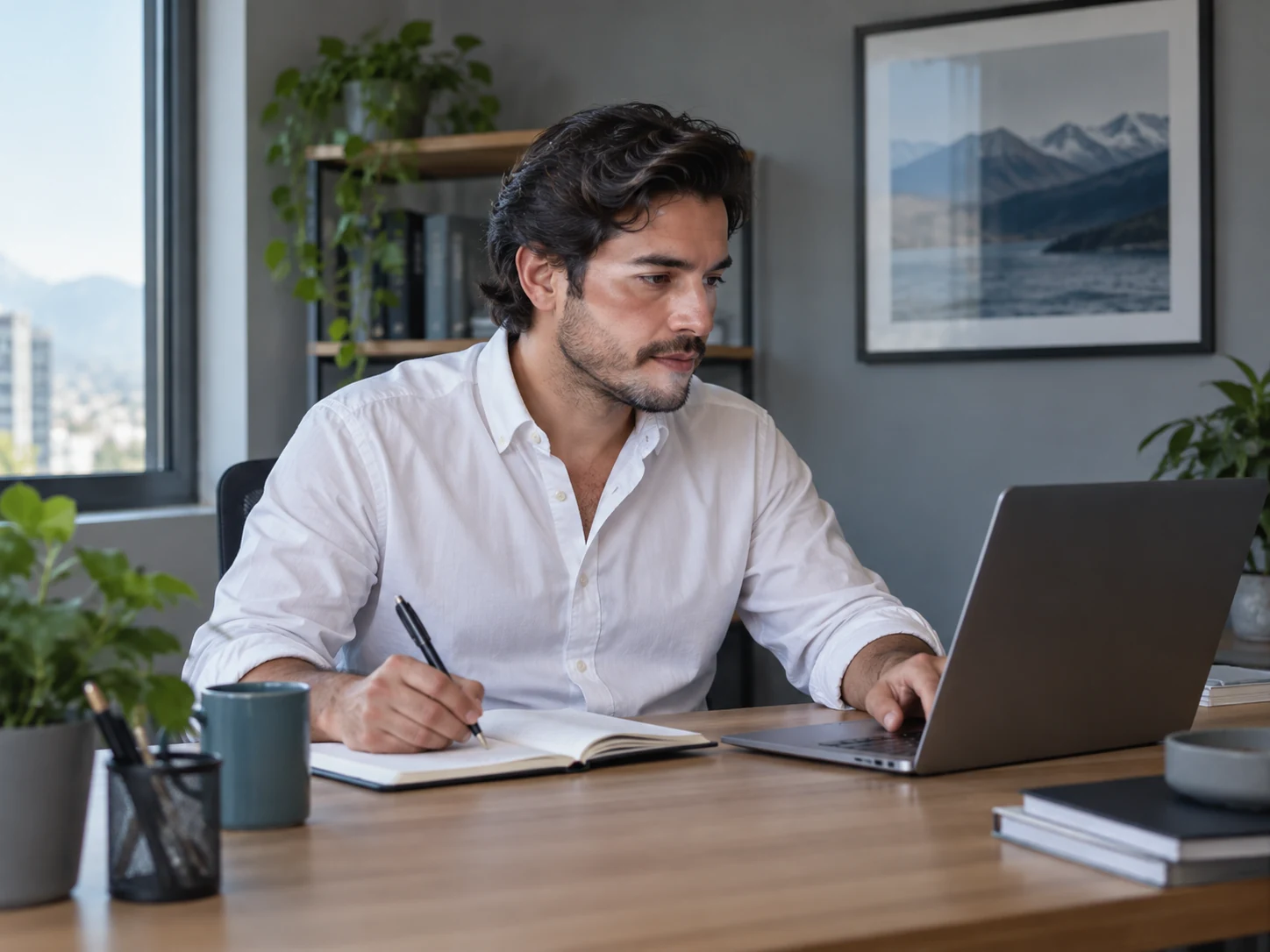 AI-generated illustrative executive assistant coordinating diary at laptop with neat notebook