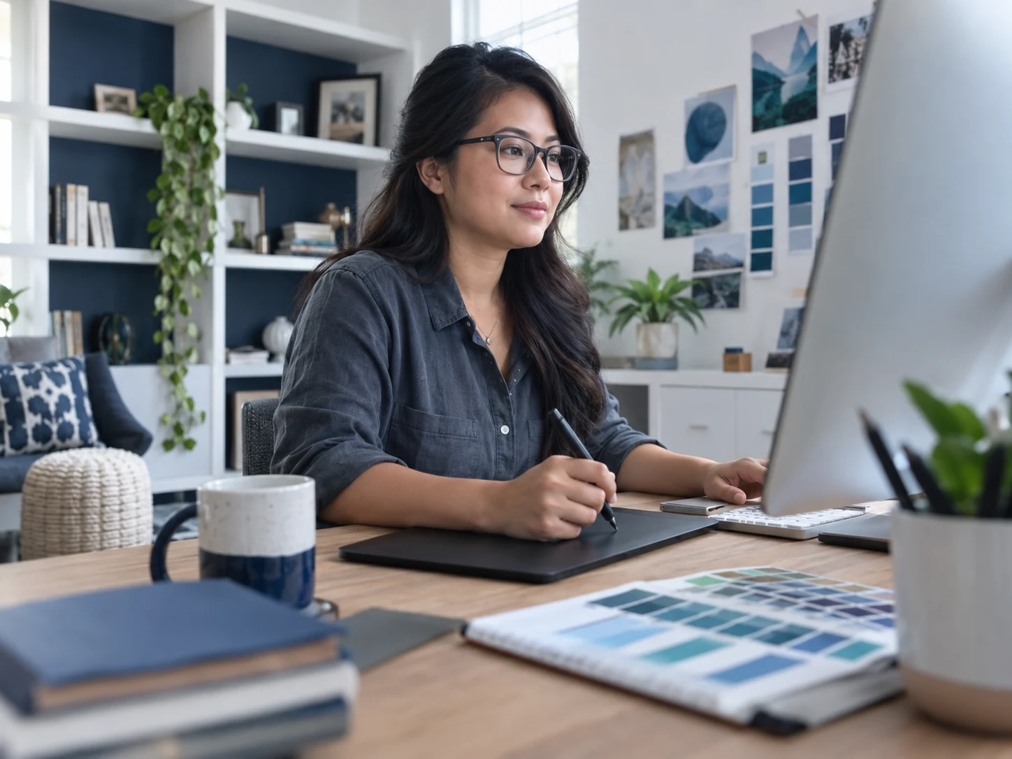 AI-generated illustrative graphic designer using drawing tablet and pen beside large desktop monitor, visual swatches on wall