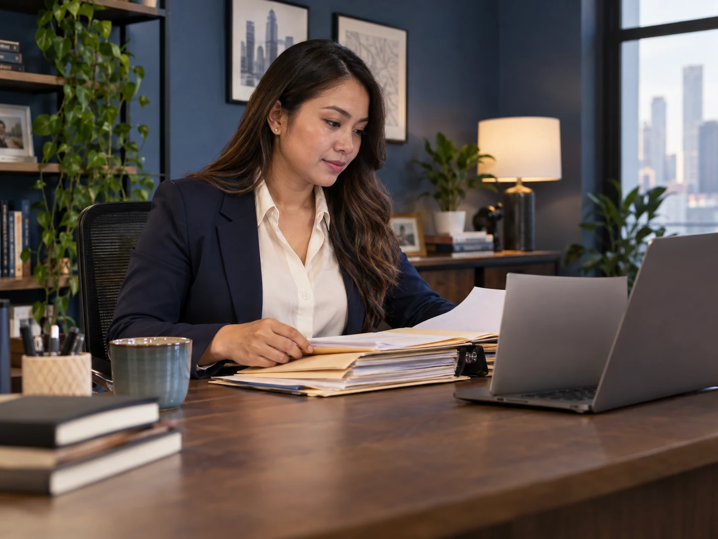 AI-generated illustrative legal administrative assistant reviewing organized file folders beside laptop in professional home office