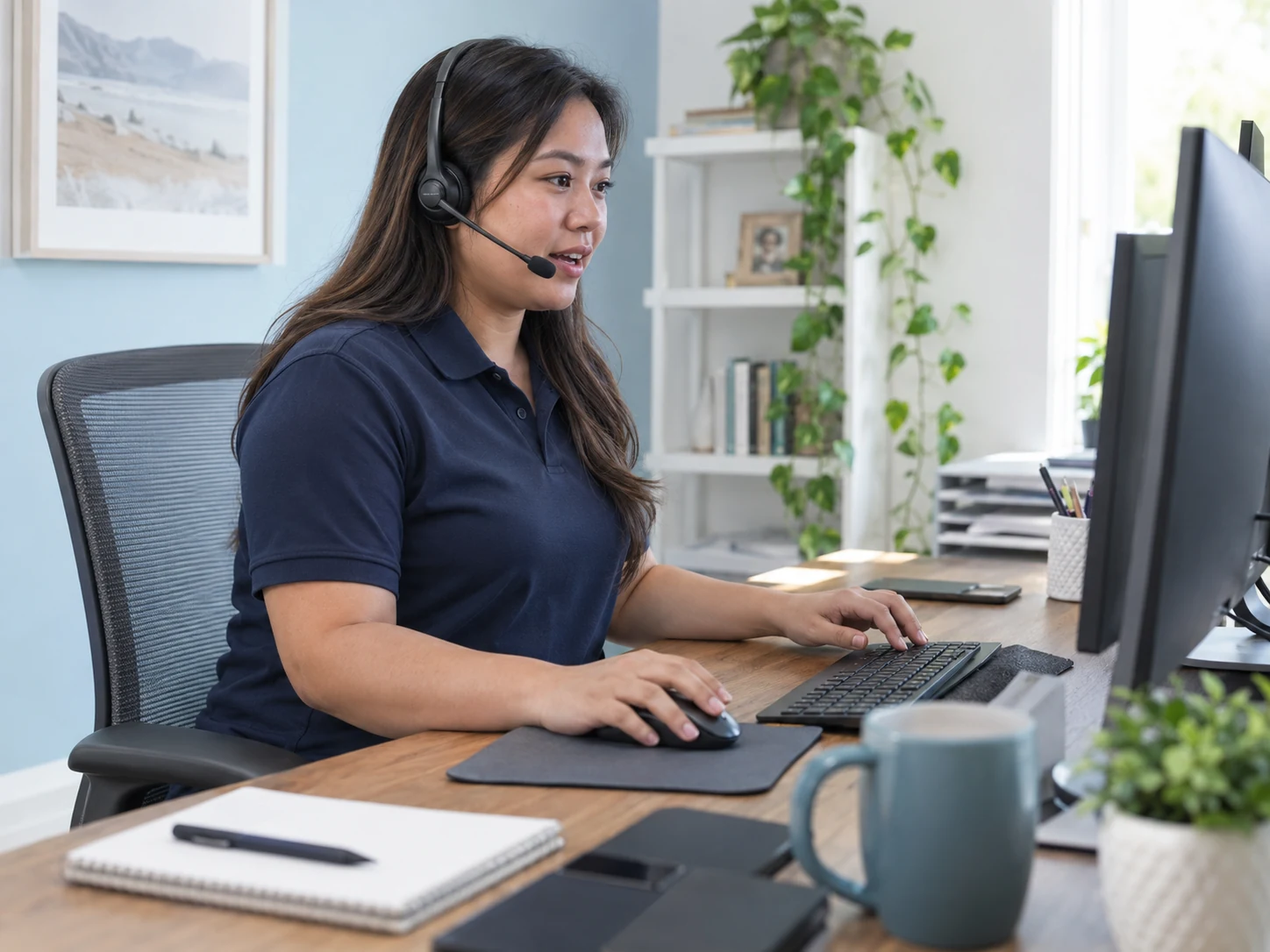 AI-generated illustrative service dispatcher speaking into lightweight boom-microphone headset at dual monitor desk