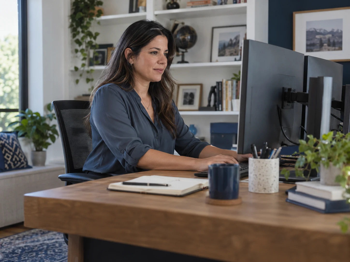 AI-generated illustrative workflow automation specialist focused at dual-monitor desk with notebook