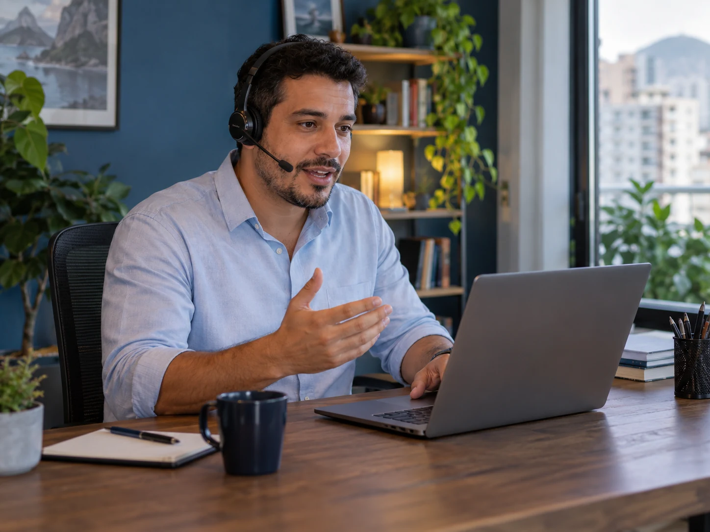 AI-generated illustrative customer support professional speaking into discreet boom-microphone headset at laptop