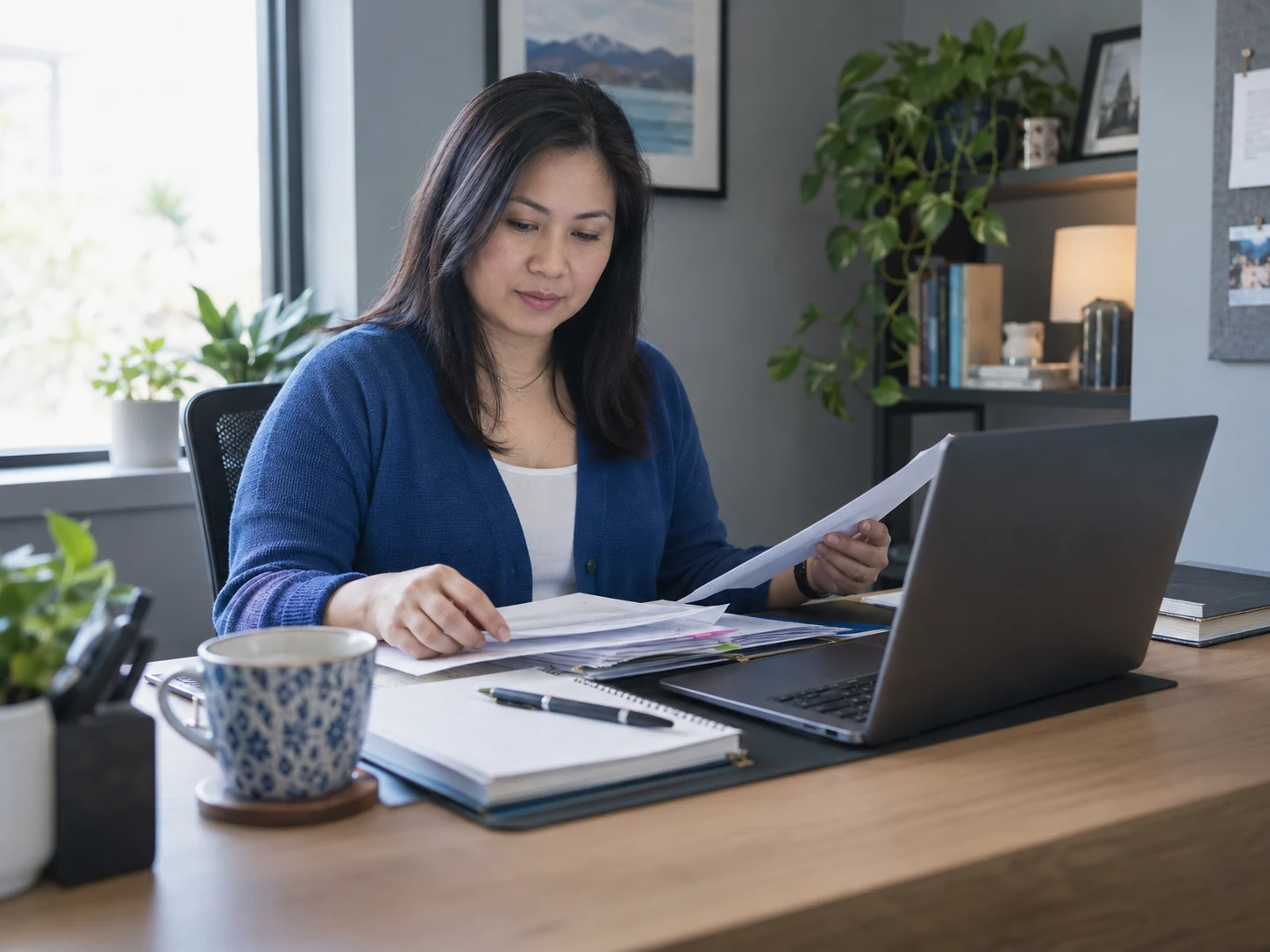AI-generated illustrative administrative assistant organizing papers beside laptop and diary