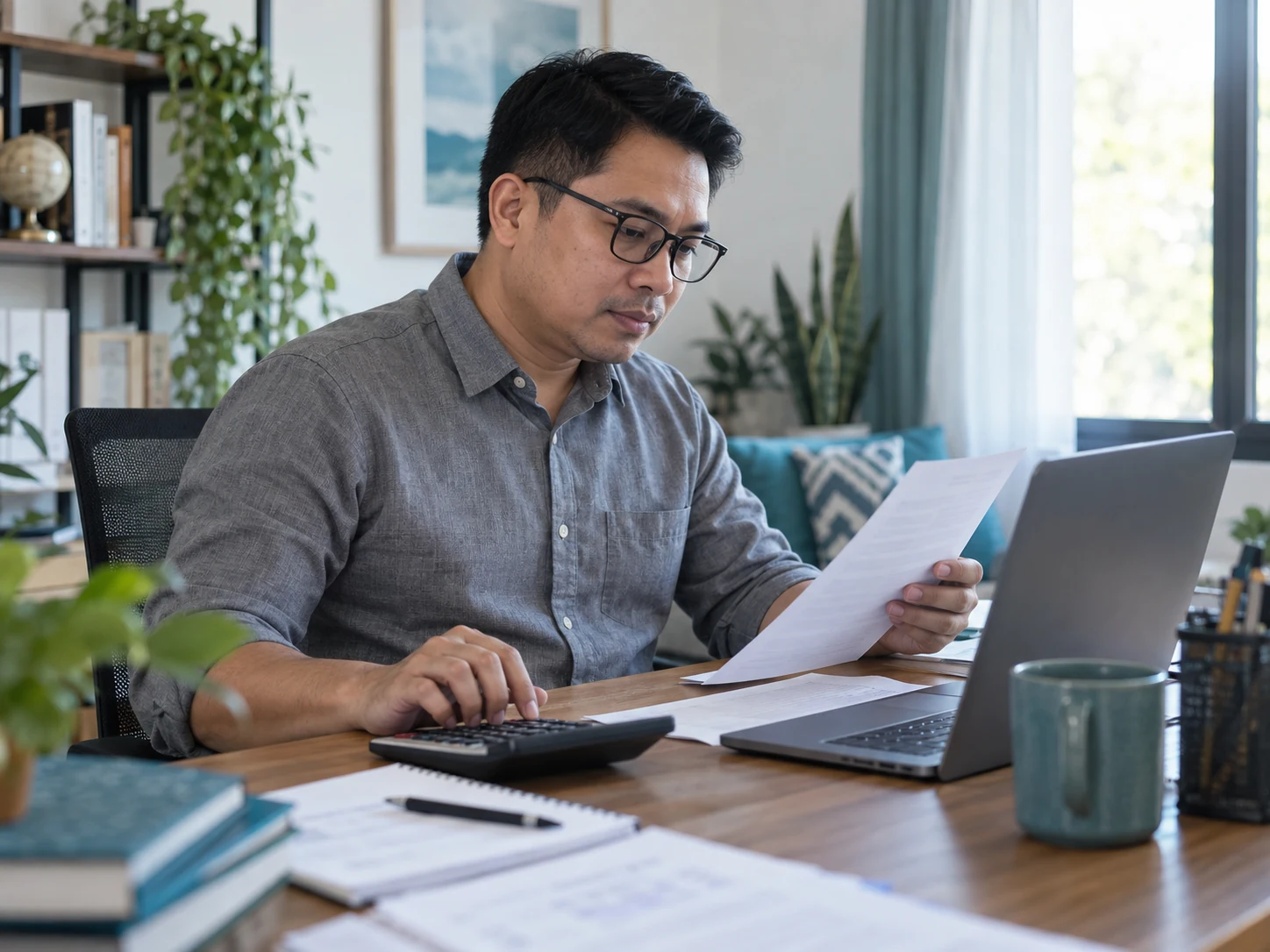 AI-generated illustrative bookkeeper comparing a plain invoice and calculator beside computer