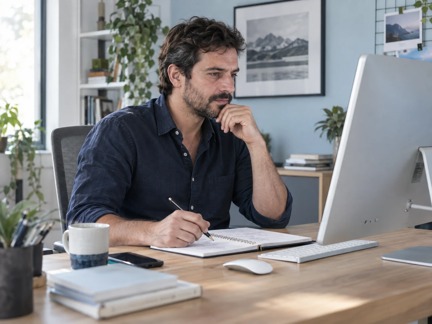 AI-generated illustrative paid social marketing specialist reviewing campaign notes at large desktop screen