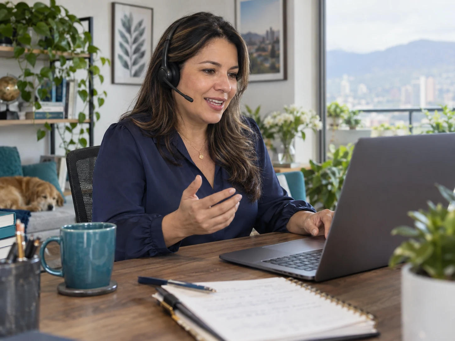 AI-generated illustrative sales development representative on business call wearing boom-microphone headset at laptop