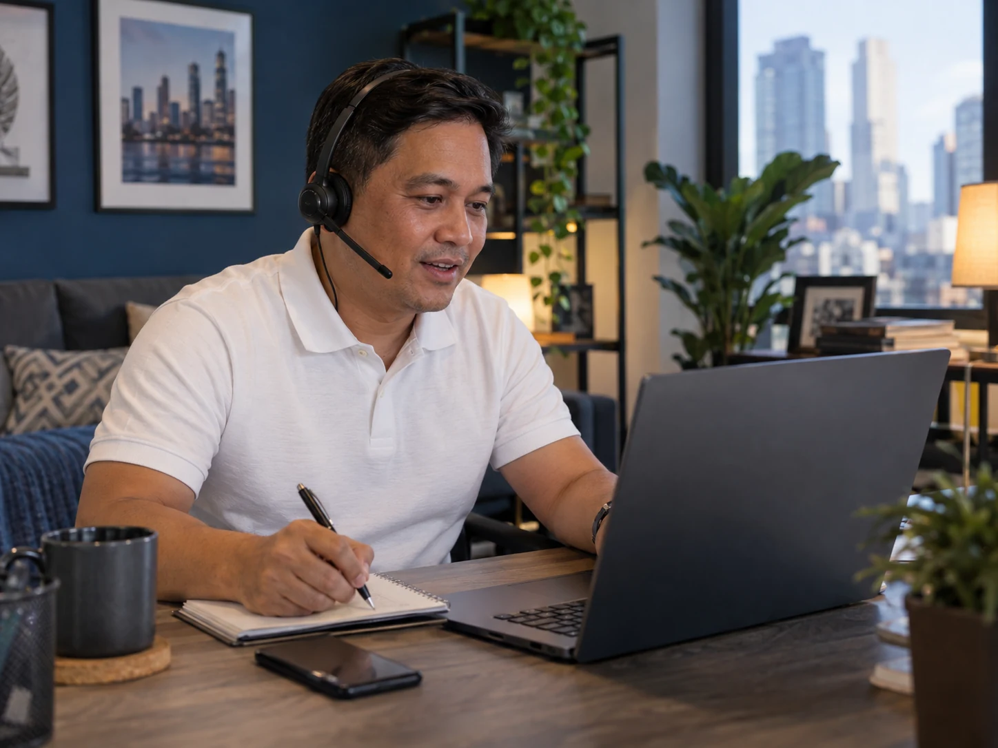 AI-generated illustrative outbound caller actively speaking into professional boom-microphone headset and noting conversation at laptop