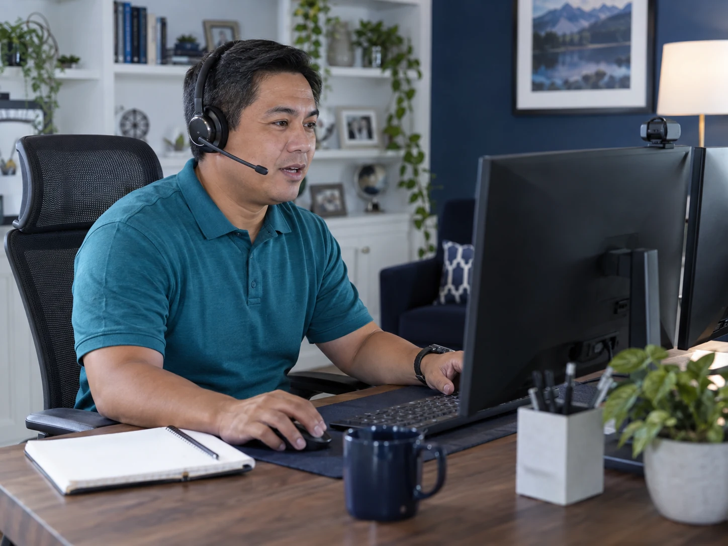 AI-generated illustrative remote call center agent wearing boom-microphone headset working at two monitors in quiet home office