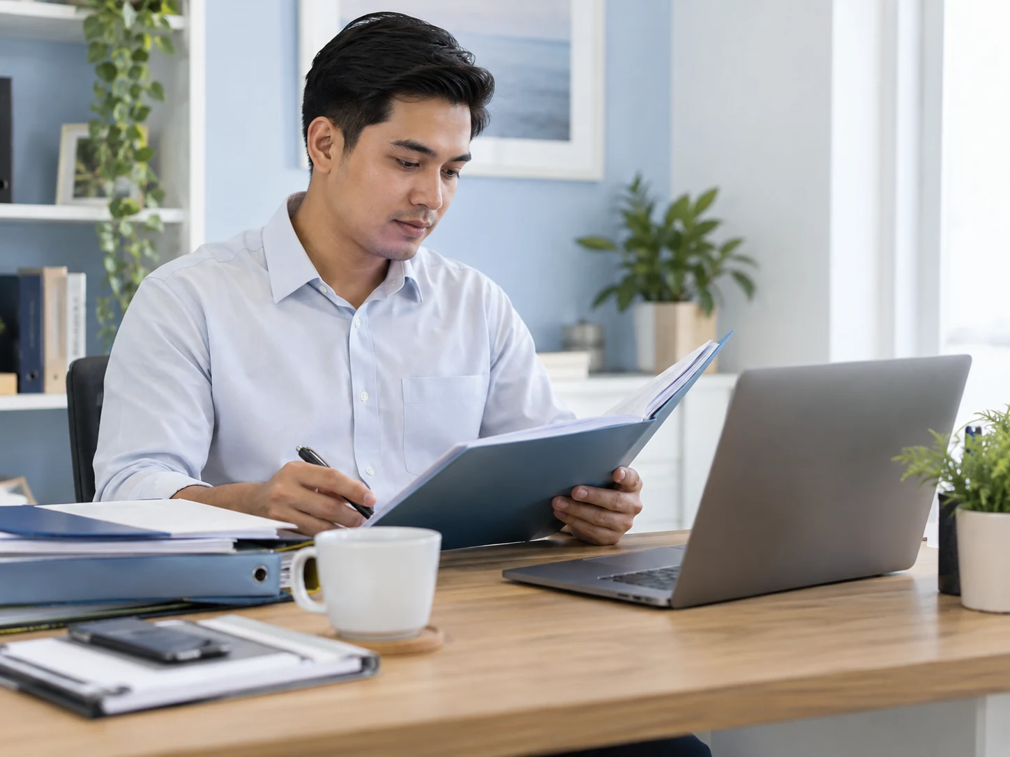 Illustrative insurance administrator reviewing paperwork