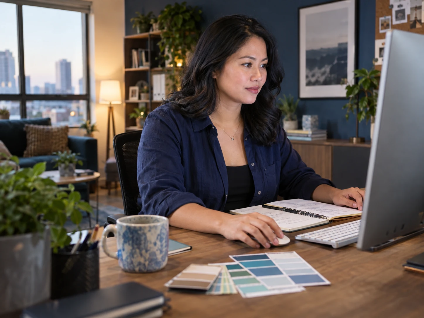 Illustrative marketing professional planning campaign work at a desk