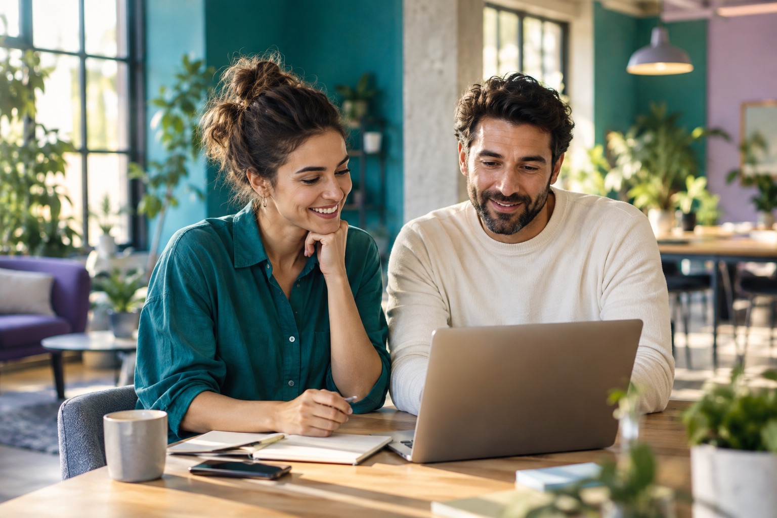 Professionals collaborating over a laptop