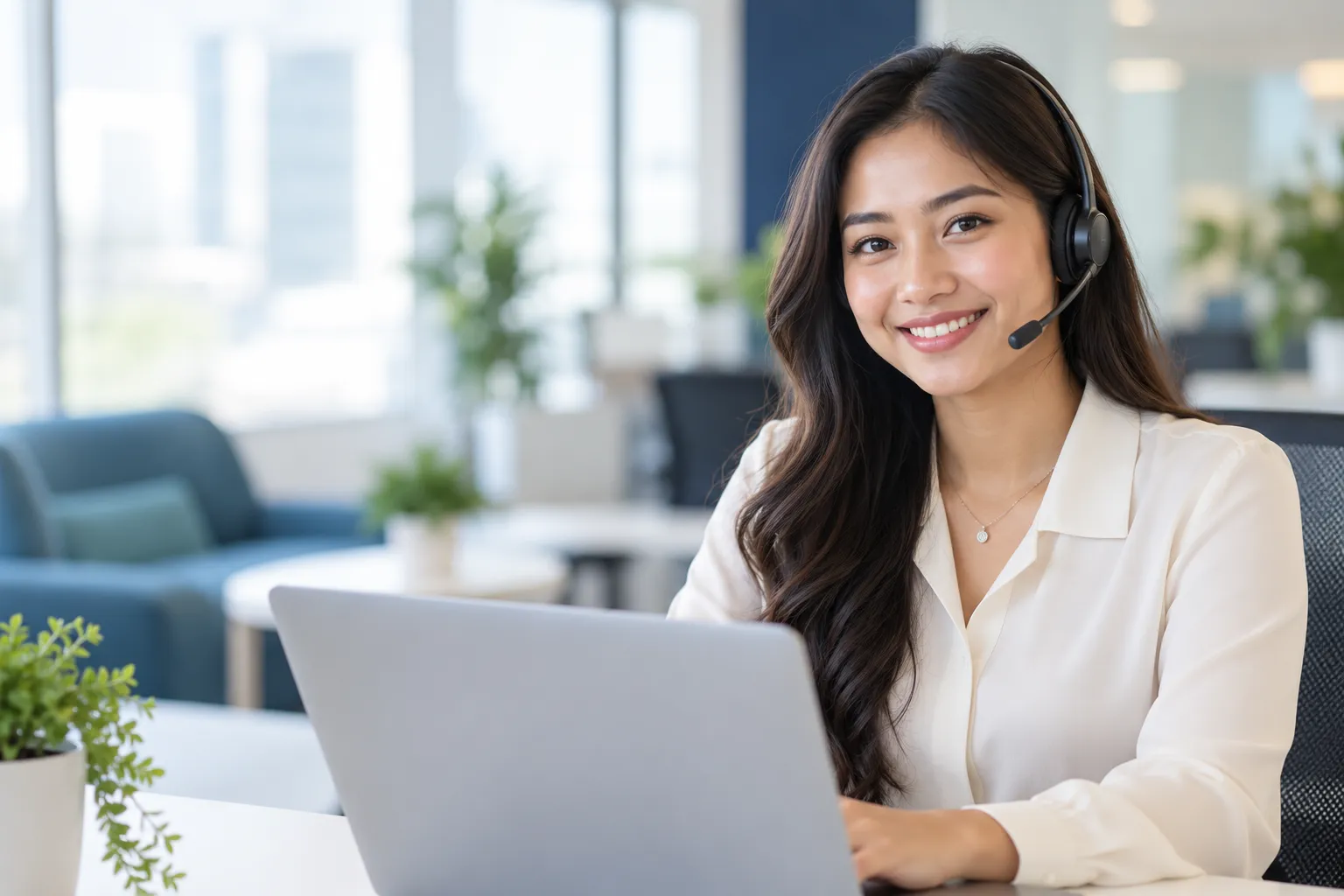 AI-generated illustrative young adult Filipina caller wearing a headset in a bright office