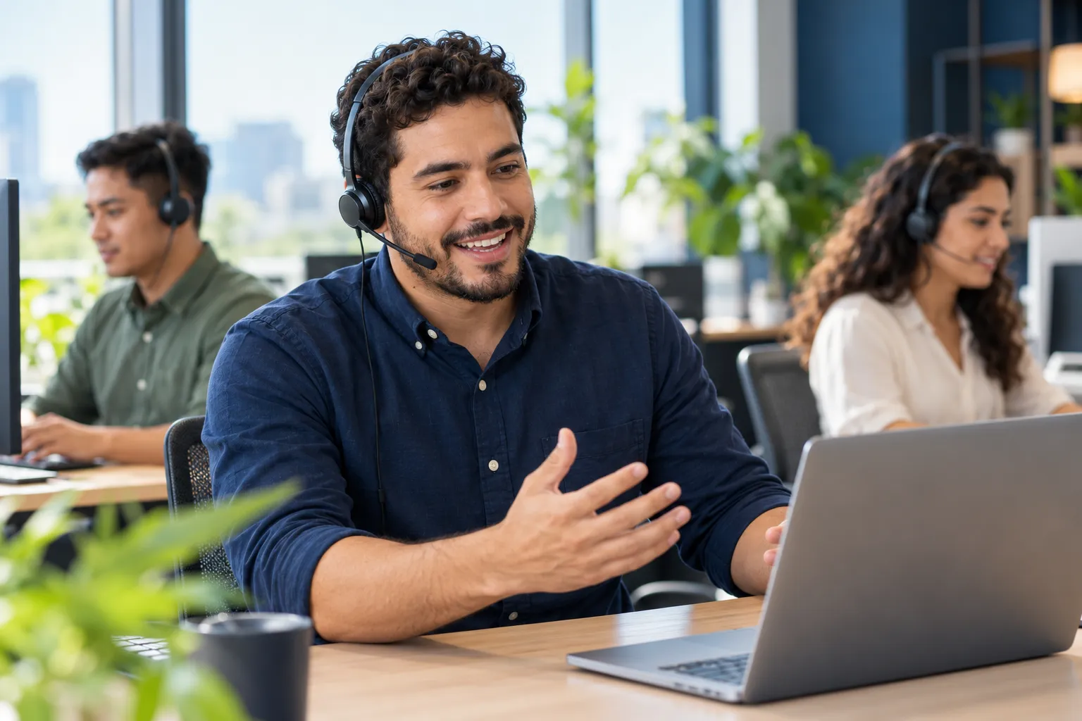 AI-created illustrative remote support colleagues working at their computers