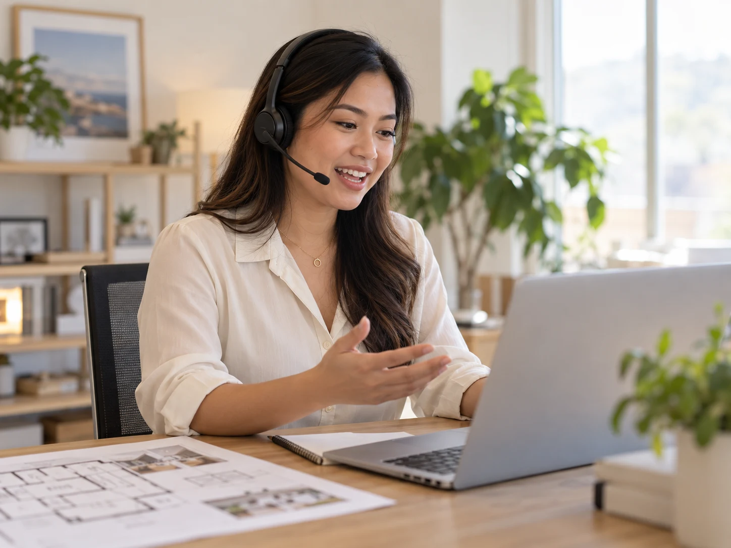 AI-created illustrative young adult Asian real estate assistant working at a laptop with a headset
