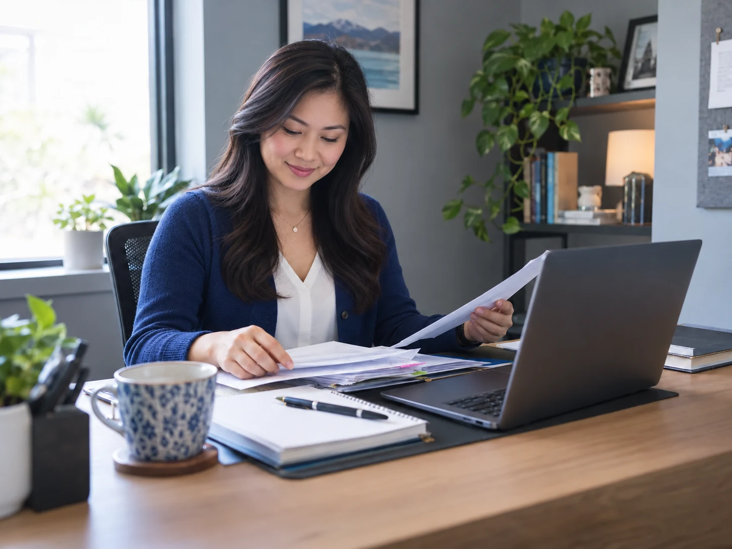 AI-created illustrative young Asian administrative assistant organizing documents beside a laptop