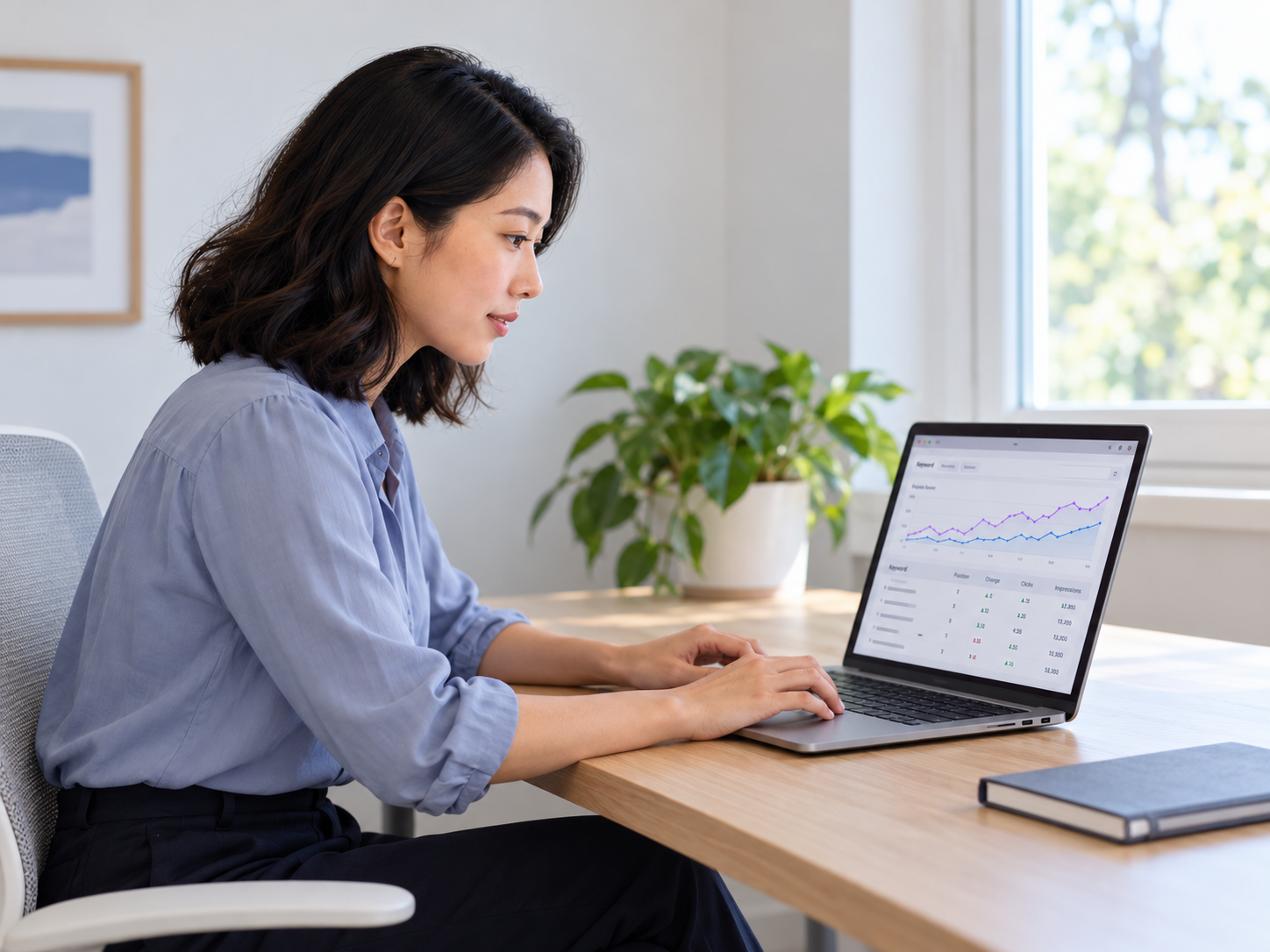 AI-created illustrative Asian SEO specialist reviewing search-performance data on a laptop