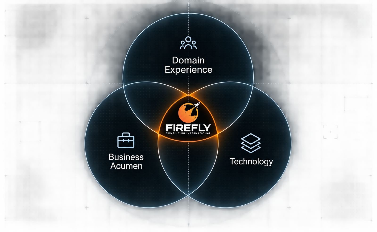 Three-circle diagram showing Firefly at the intersection of Domain Experience, Business Acumen, and Technology.