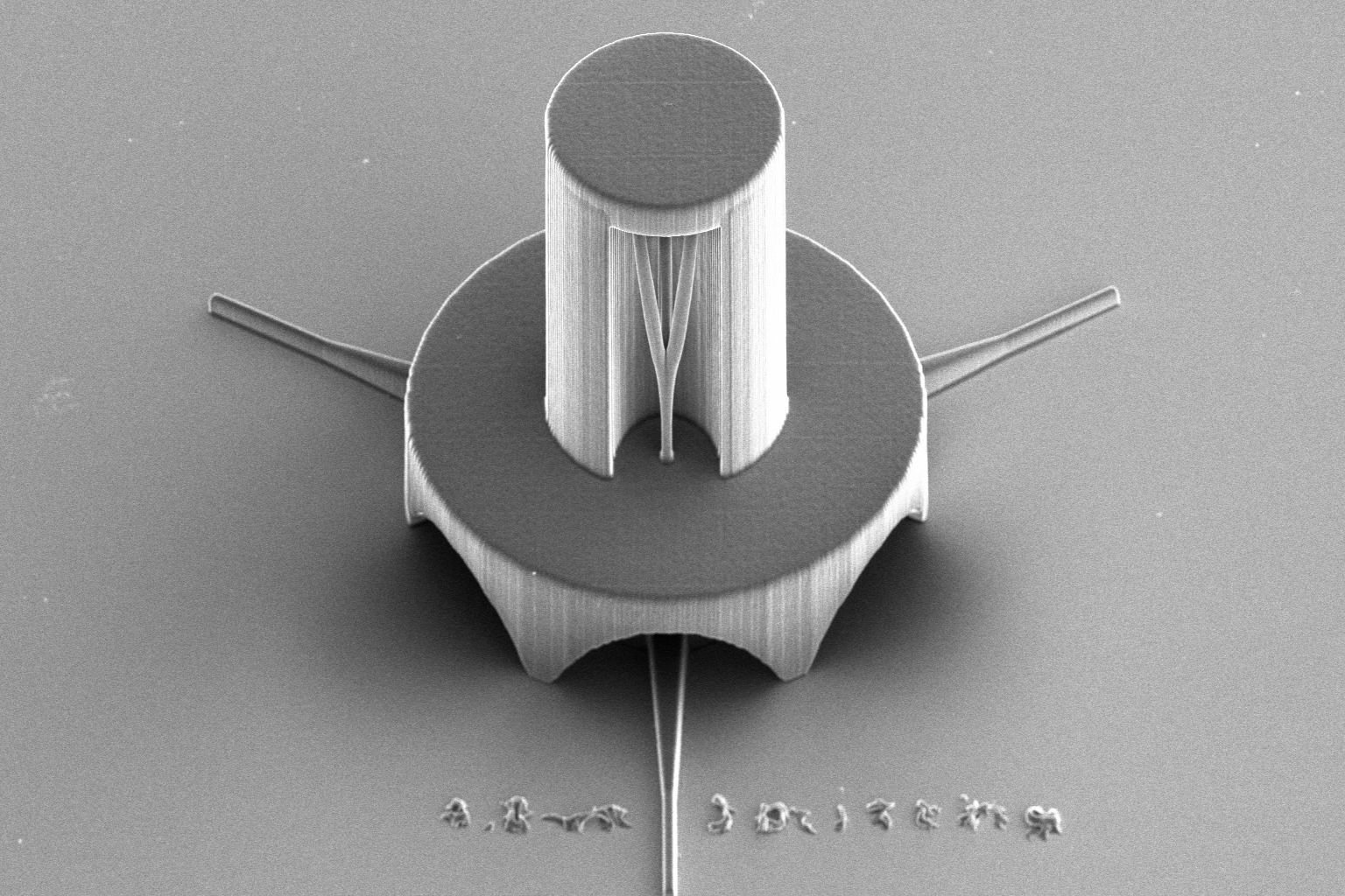 Scanning electron micrograph of a surface coupler on SOI, a cylindrical lens on a disc with three written arms.