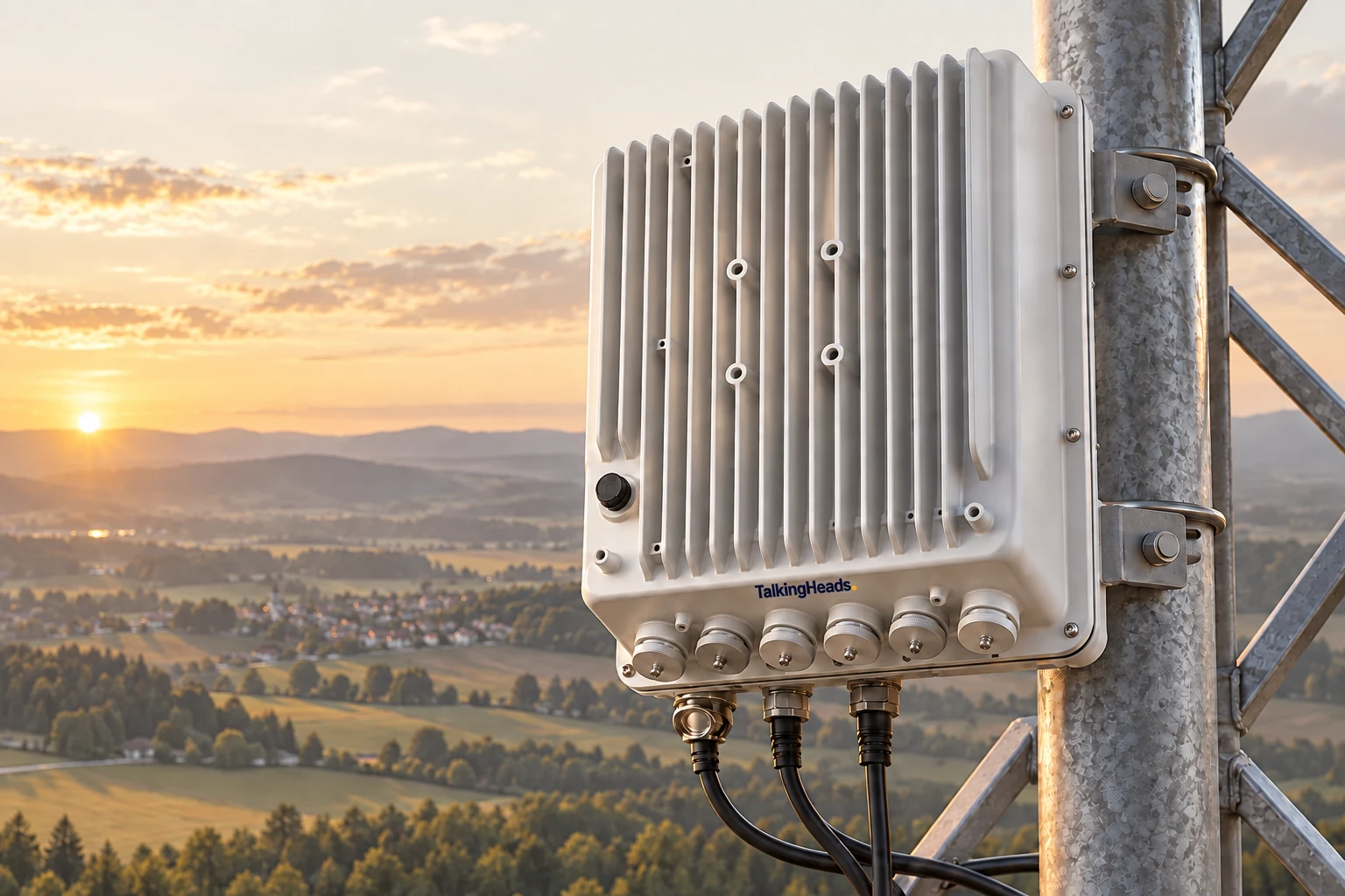 Product rendering of a TalkingHeads Wireless radio enclosure mounted on a tower.