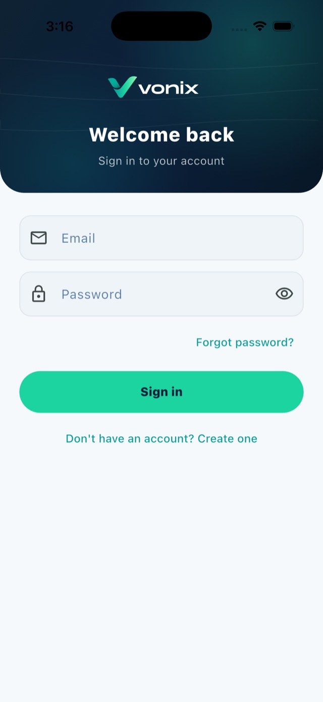 Vonix sign in screen