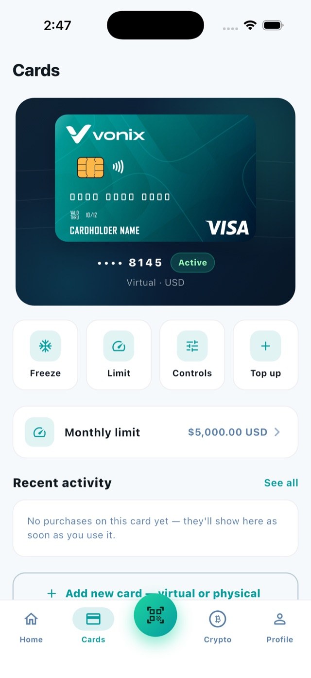 Vonix cards screen