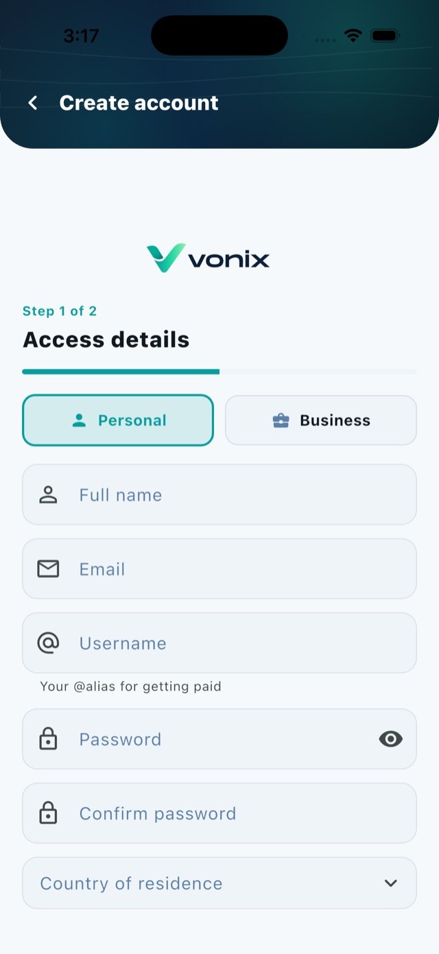Vonix create account screen