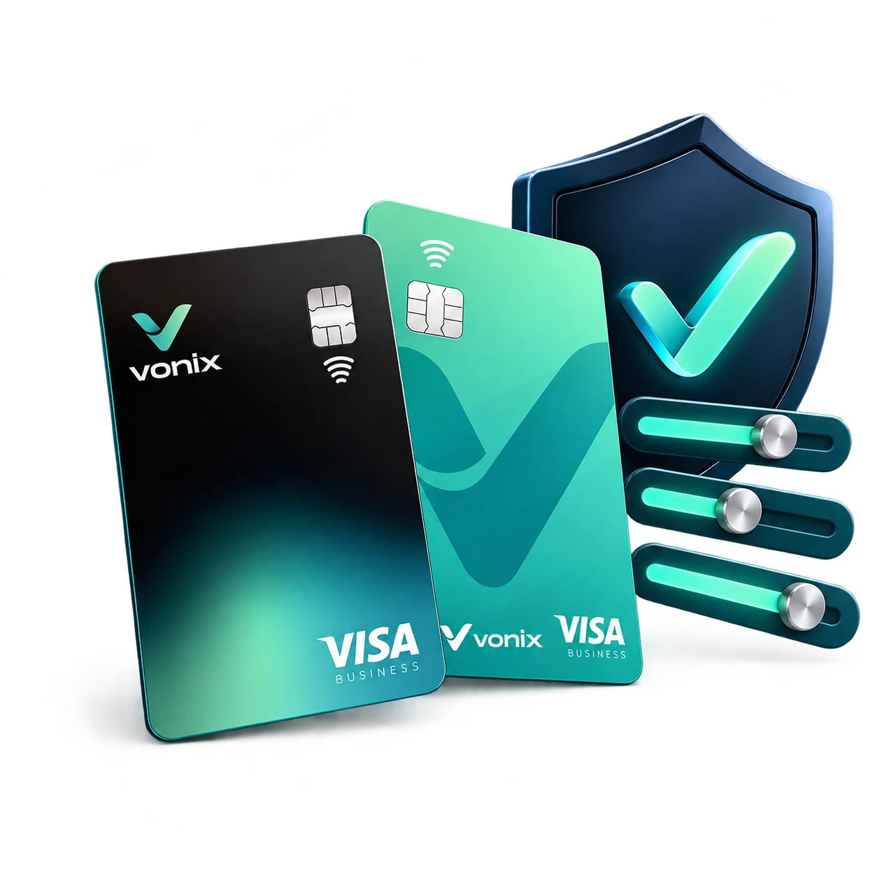 Vonix business cards with a security shield and control sliders