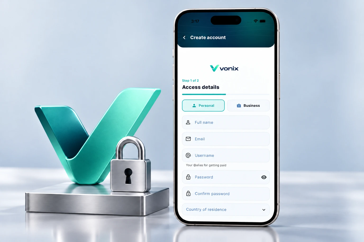 Vonix create account screen next to a secure checkmark