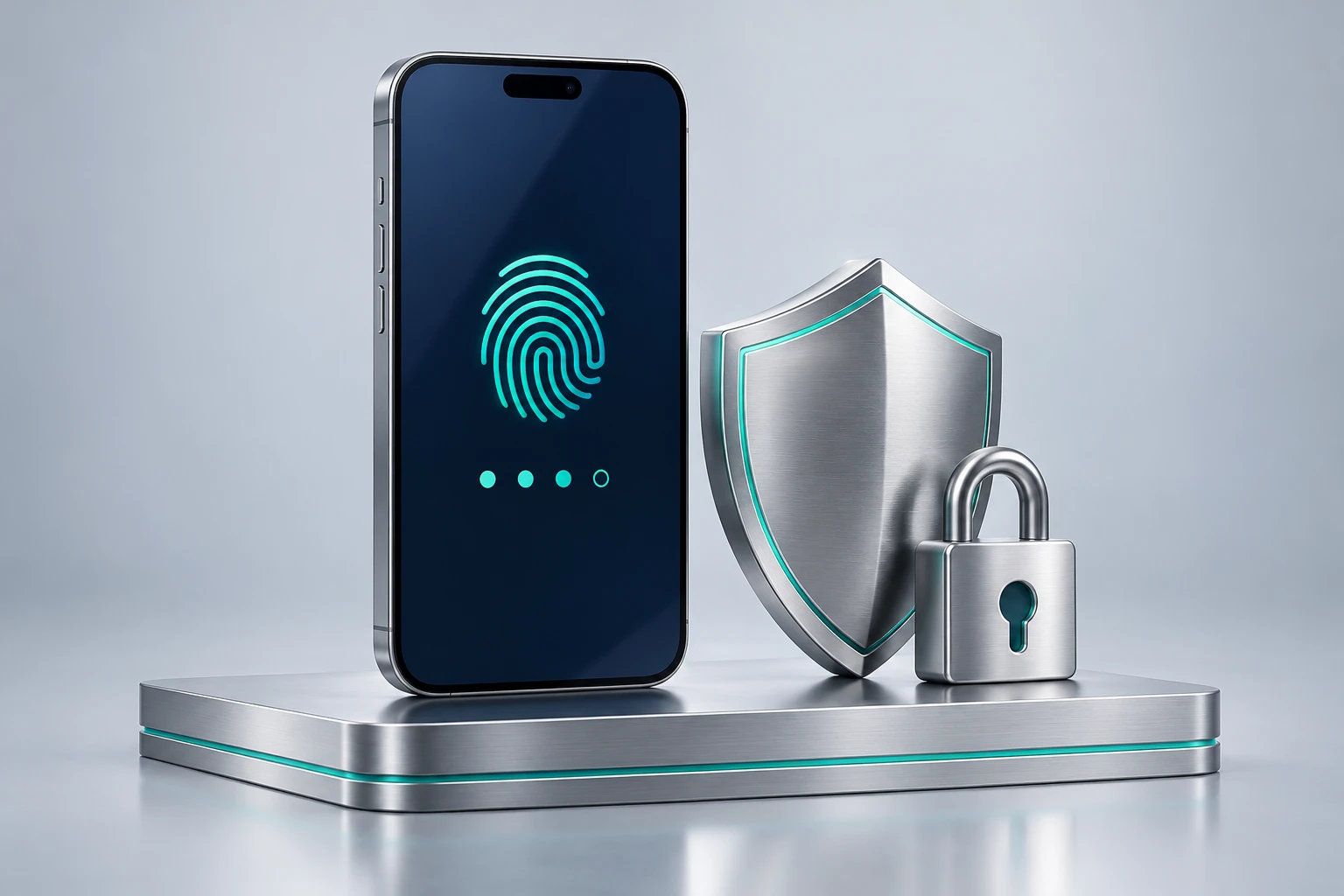Phone with fingerprint and PIN next to a shield and padlock