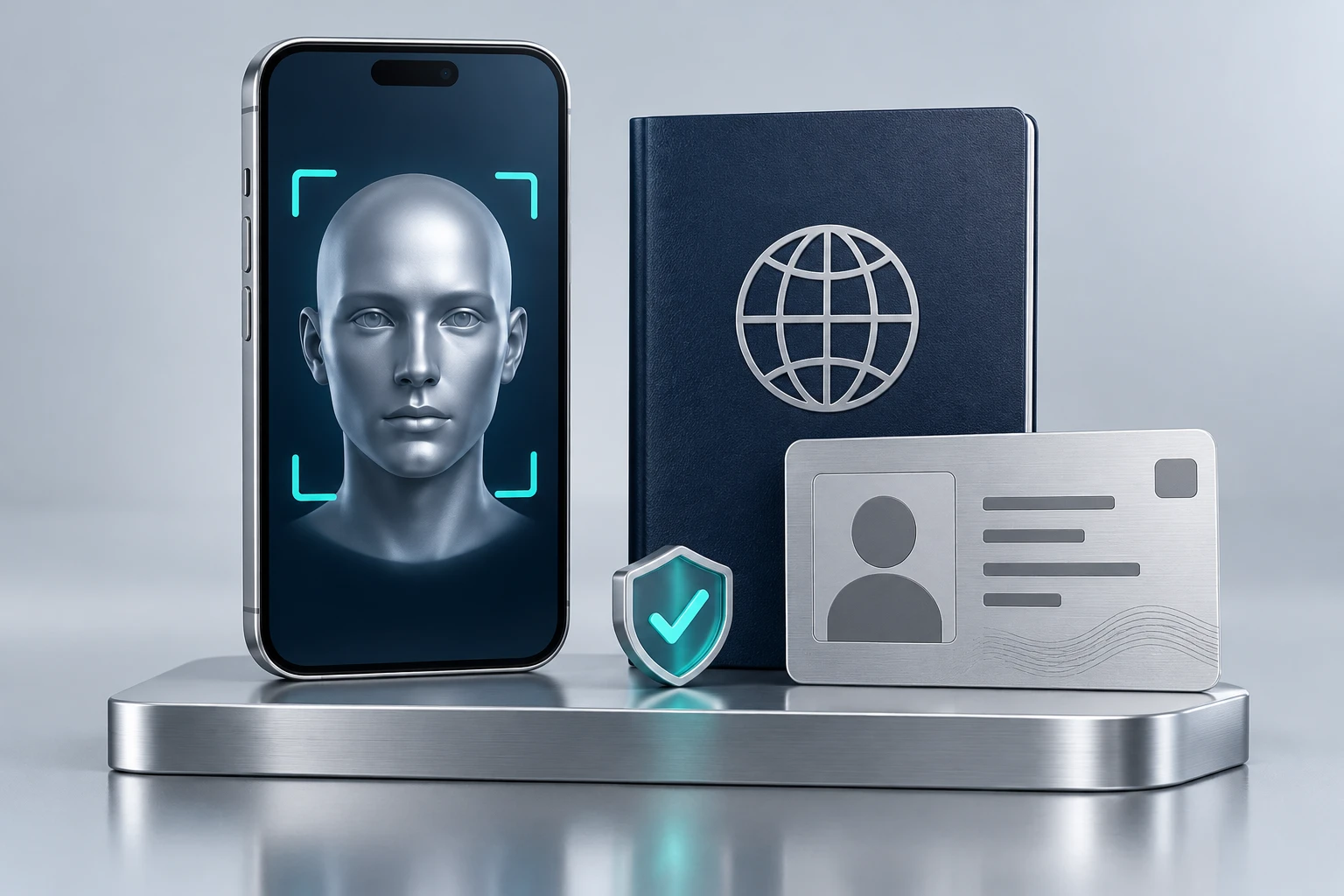 Face scan on a phone next to a passport and ID card