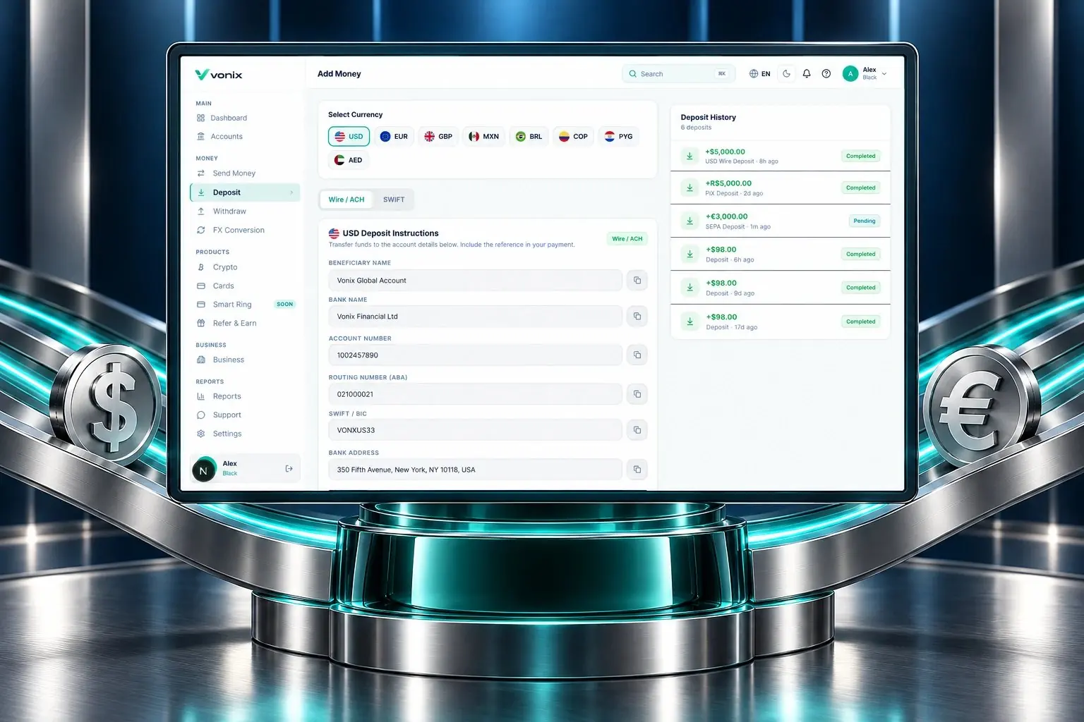 Vonix Add Money screen with USD, EUR and local deposit options