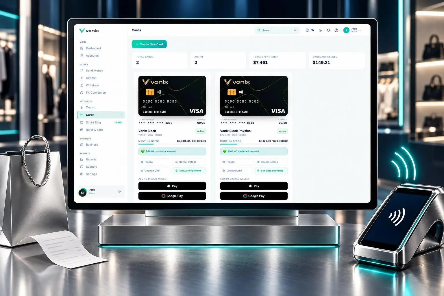Vonix Cards screen with virtual and physical cards next to a contactless terminal
