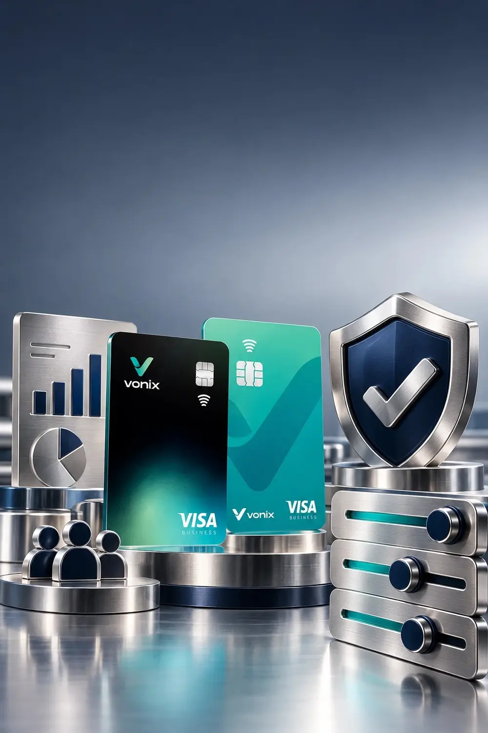 Vonix business cards with a security shield and control sliders