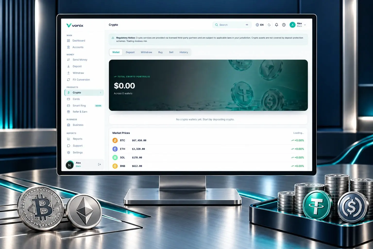 Vonix Crypto screen with portfolio and market prices, next to Bitcoin, Ethereum, USDT and USDC coins
