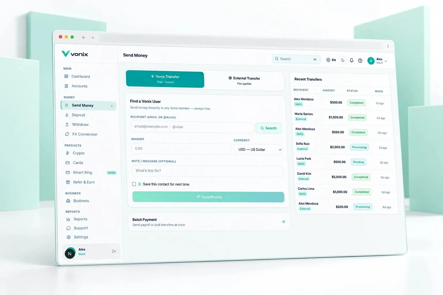 Vonix Send Money screen with recent transfers