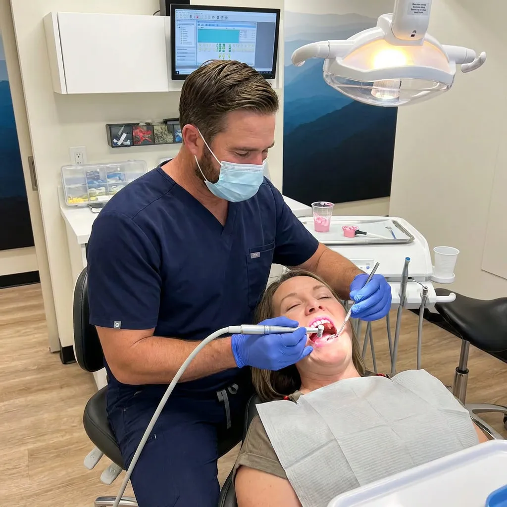 A dentist at Muldoon Dental Arts in Anchorage, AK, uses a prophy cup to polish a patient's teeth during a routine cleaning.