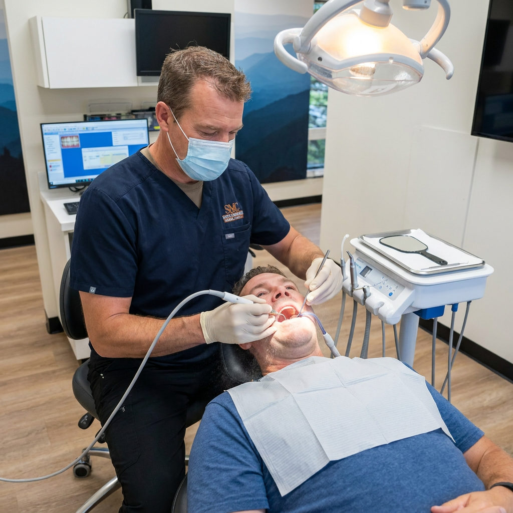 A dentist at Muldoon Dental Arts in Anchorage, AK, uses an ultrasonic scaler during a patient cleaning appointment.
