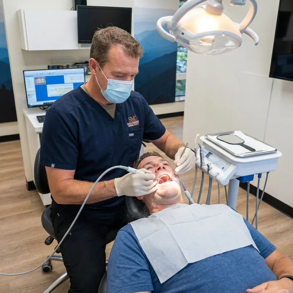A dentist at Muldoon Dental Arts in Anchorage, AK, uses an ultrasonic scaler during a patient cleaning appointment.