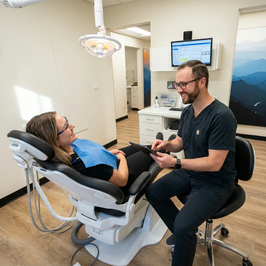 Dentist with a friendly patient in a modern treatment room discussing dental cleanings.