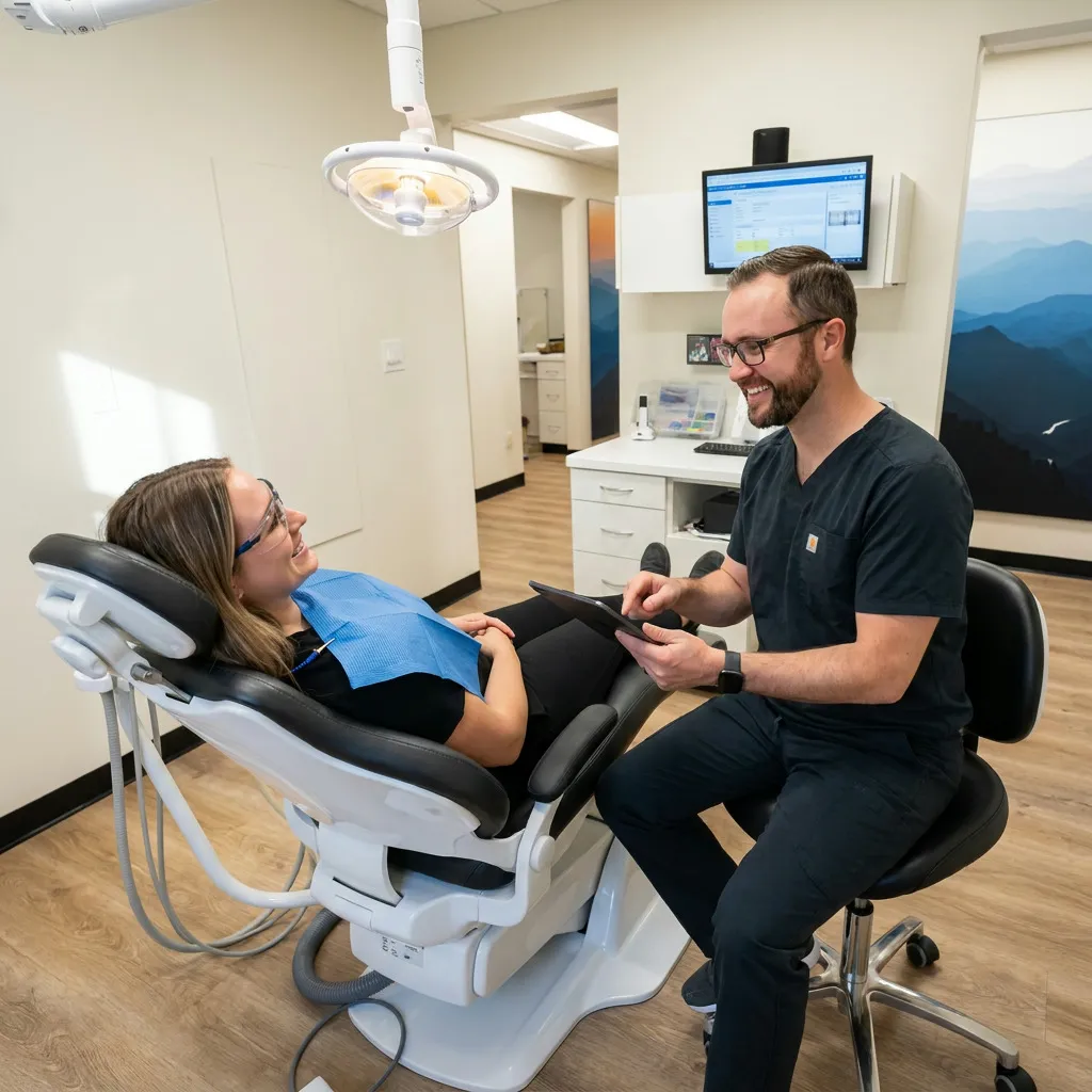 Dentist with a friendly patient in a modern treatment room discussing dental cleanings.